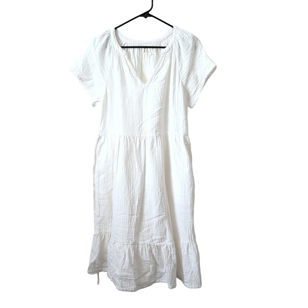 Pact White Organic Cotton Gauze Tiered Midi Dress Pockets Womens M Boho Flowy